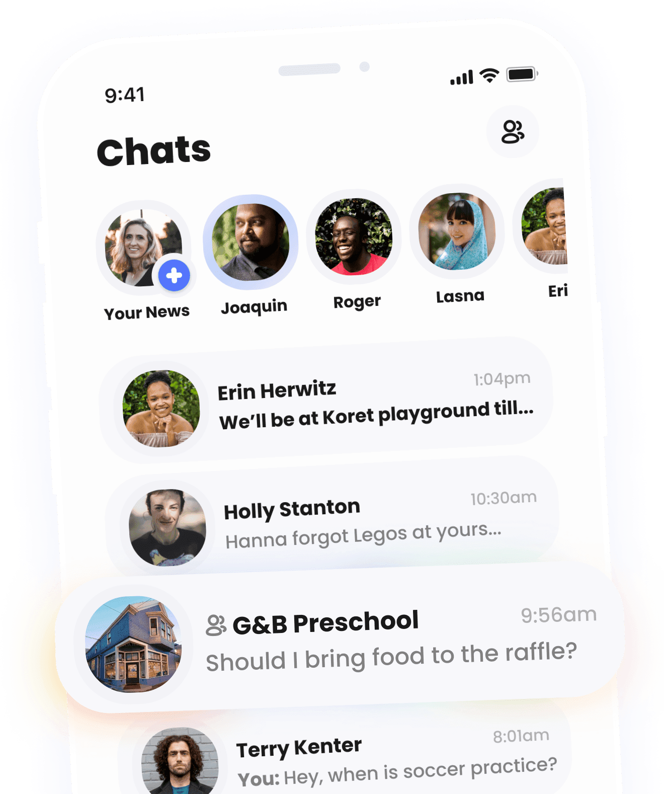 Keedoo mobile app showing chats with other parents