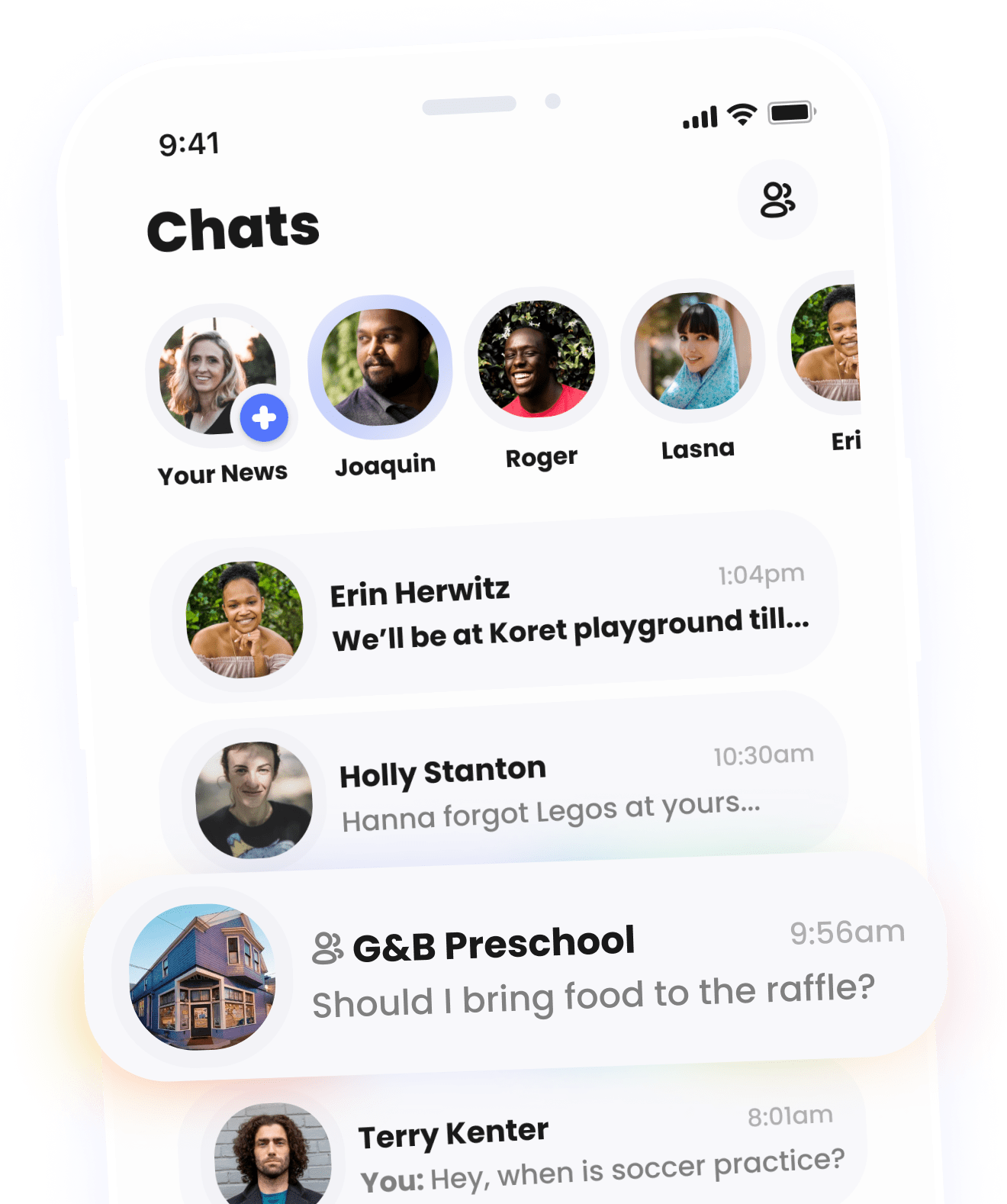 Keedoo mobile app showing chats with other parents